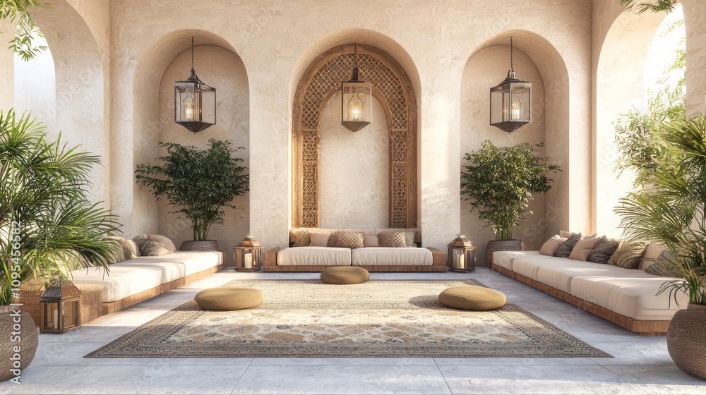 Fototapeta premium Luxurious Arabian-Inspired Outdoor Lounge with Elegant Seating and Lanterns for Enchanting Evenings | Detailed Islamic Interior 3D Render