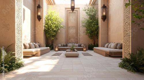 Luxurious Modern Arabian Outdoor Lounge with Comfortable Seating and Lanterns for Enchanting Evening Atmosphere - 3D Render