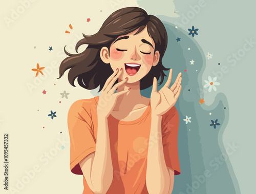 illustration of a young woman smiling has a happy expression on her face, looking thoughtful and calm