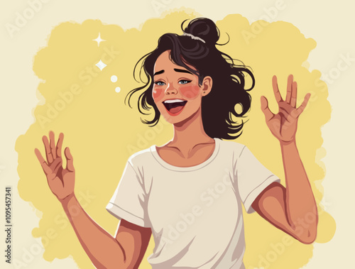 illustration of a young woman smiling has a happy expression on her face, looking thoughtful and calm