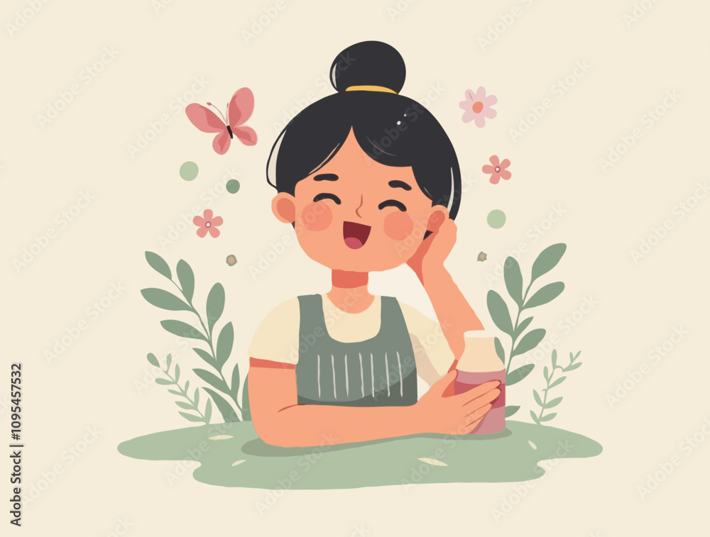 illustration of a young woman smiling has a happy expression on her face, looking thoughtful and calm illustration of a young woman smiling has a happy expression on her face, looking thoughtful and calm
