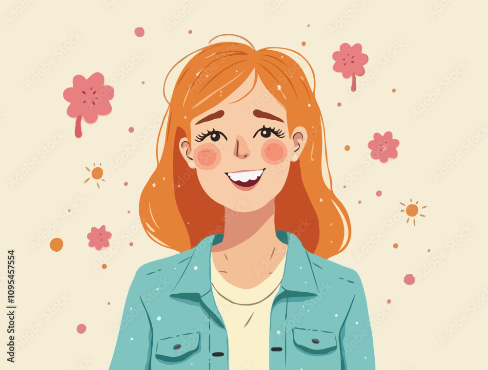 illustration of a young woman smiling has a happy expression on her face, looking thoughtful and calm illustration of a young woman smiling has a happy expression on her face, looking thoughtful and calm
