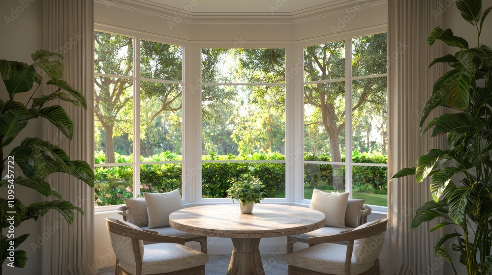 Obraz premium Luxurious Modern Arabian Islamic Kitchen Nook with Plush Seating and Garden Views | 3D Render Digital Artwork