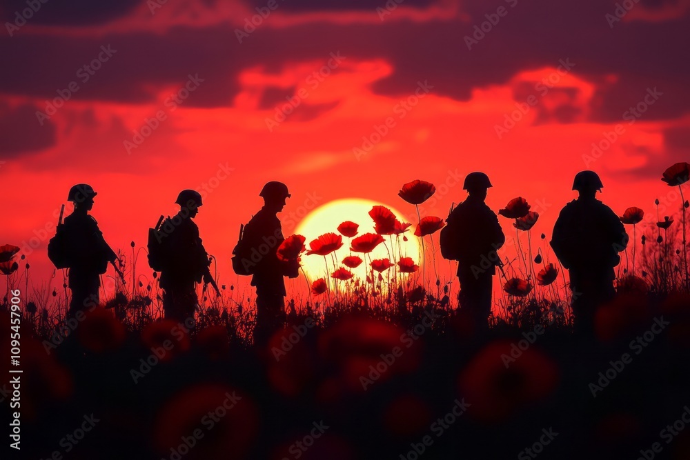 Dramatic image, Field at night, soldiers silhouettes, a tribute to service and sacrifice. Generative AI Dramatic image, Field at night, soldiers silhouettes, a tribute to service and sacrifice. Generative AI