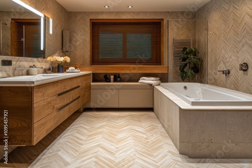 A luxury bathroom with a herringbone tile floor, a large freestanding tub, and a bespoke vanity unit.