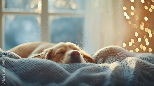   A dog peacefully snoozes on a cozy blanket while gazing at the festive string of lights adorning the window photo