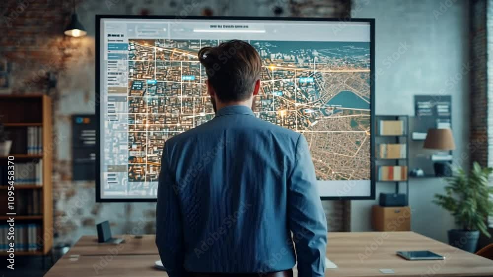 Urban Planner Studying City Map on Large Screen Urban Planner Studying City Map on Large Screen