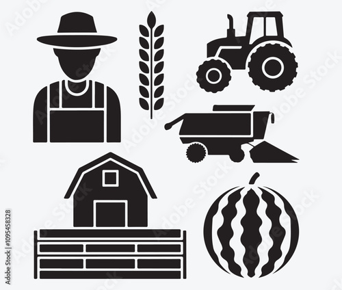 Vector Silhouettes of Farming Icons on White Background - Agriculture Tools and Rural Life Illustrations