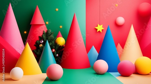 Christmas tree and colorful cones celebrating christmas holidays