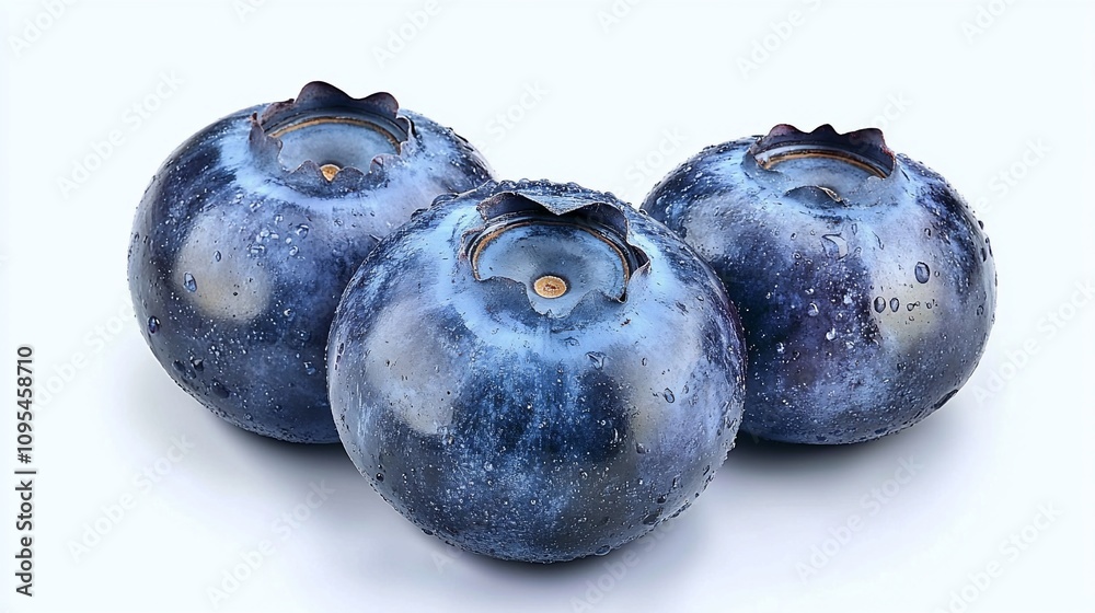 Obraz premium Three juicy blueberries with water droplets on a white background.