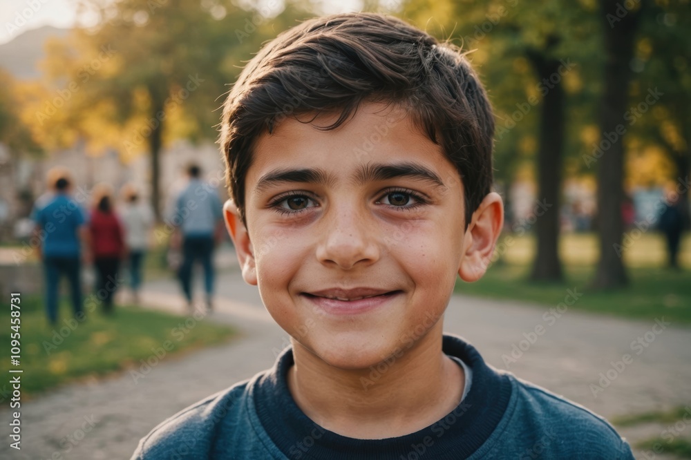 Close portrait of a smiling Armenian male kid looking at the camera, Armenian outdoors blurred background Close portrait of a smiling Armenian male kid looking at the camera, Armenian outdoors blurred background