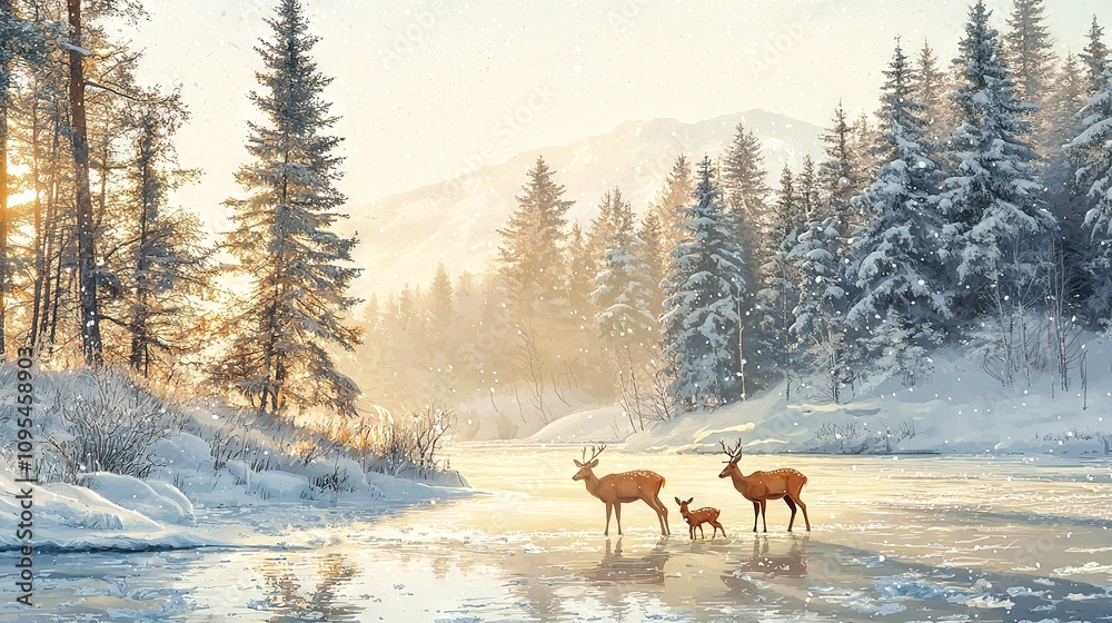 A group of deer grazing on a snow-covered field adjacent to a dense forest featuring tall pine trees A group of deer grazing on a snow-covered field adjacent to a dense forest featuring tall pine trees