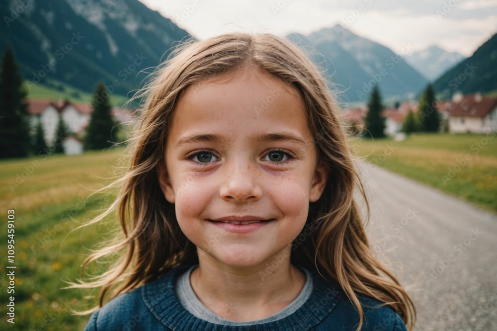 Close portrait of a smiling Austrian female kid looking at the camera, Austrian outdoors blurred background Close portrait of a smiling Austrian female kid looking at the camera, Austrian outdoors blurred background