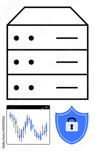 Three-tier data server stack, analytics graph with fluctuating data points, security shield with lock. Ideal for data storage, cybersecurity, network security, data analysis, IT infrastructure