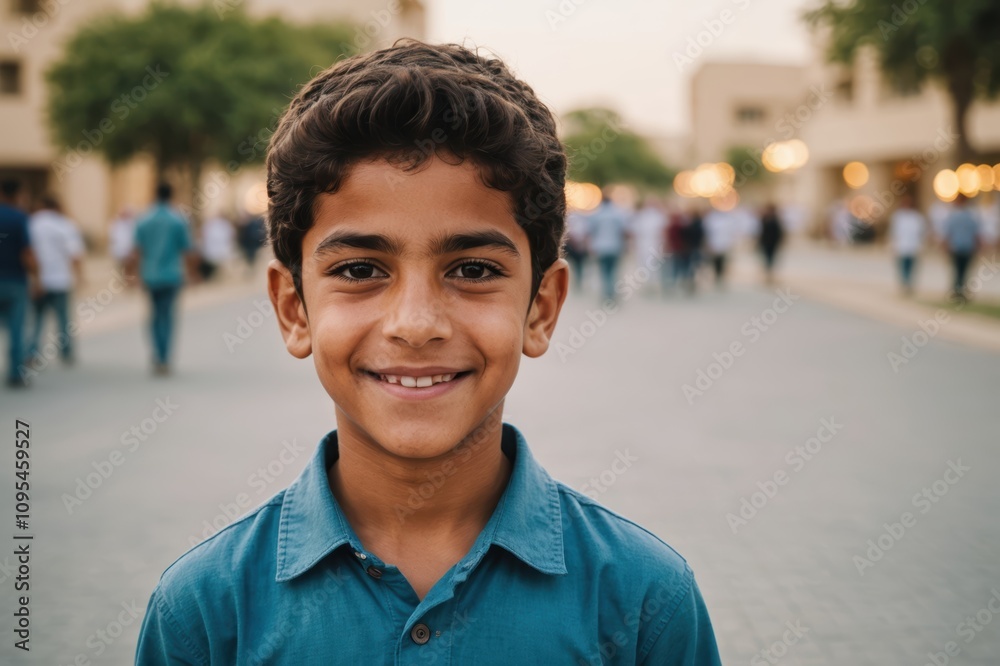 Close portrait of a smiling Bahraini male kid looking at the camera, Bahraini outdoors blurred background Close portrait of a smiling Bahraini male kid looking at the camera, Bahraini outdoors blurred background