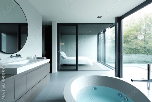 A minimalist bathroom with a large frameless mirror, a floating vanity, and a deep soaking tub. photo