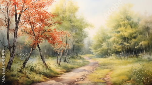 Autumn landscape painting with colorful trees and a winding path in soft colors