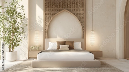 Luxurious Modern Arabian-Inspired Guest Suite with Serene Atmosphere | 3D Render Interior Design Artwork