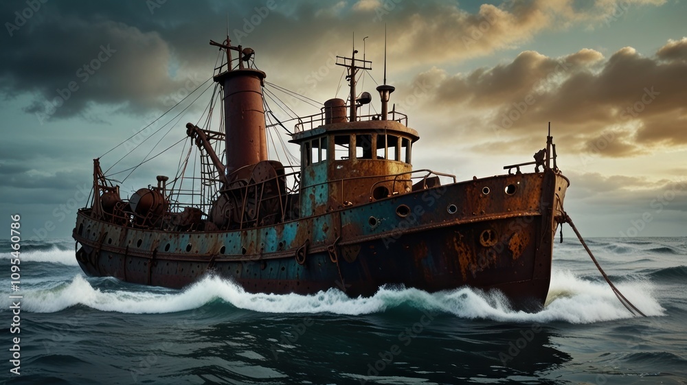 Fototapeta premium Rusty shipwreck battling stormy ocean waves at sunset.