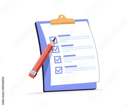 Pencil pen fills out the checkbox form. The manager marks the documents, the student takes the exam online. Large pencil