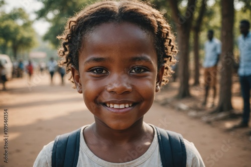 Close portrait of a smiling Botswanan female kid looking at the camera, Botswanan outdoors blurred background