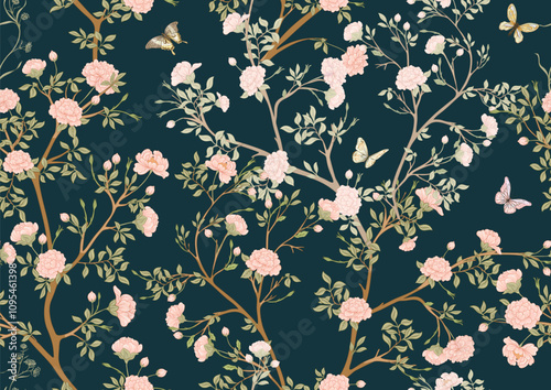 Blossom trees with flowers and butterflies. Seamless pattern, background. Vector illustration. In Chinoiserie, japandi, botanical style