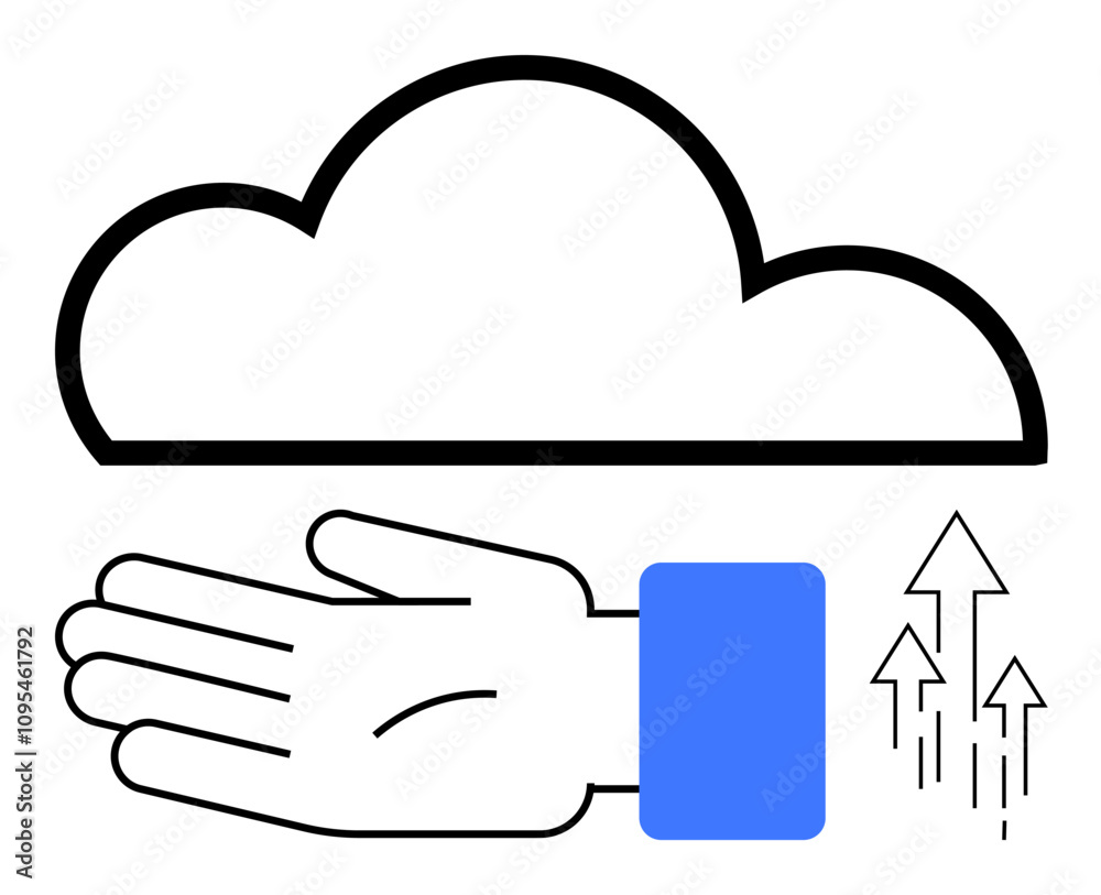 Hand holding cloud with arrows pointing upwards. Ideal for cloud computing, data transfer, online storage, digital security, innovation, technology management, futuristic concepts. Line metaphor Hand holding cloud with arrows pointing upwards. Ideal for cloud computing, data transfer, online storage, digital security, innovation, technology management, futuristic concepts. Line metaphor