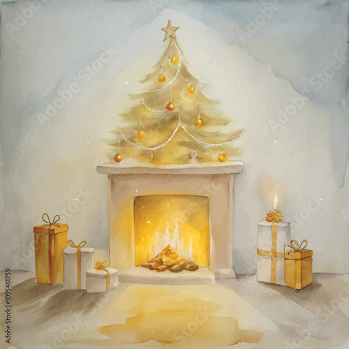 Elegant Golden Christmas Tree with Fireplace and Wrapped Gifts