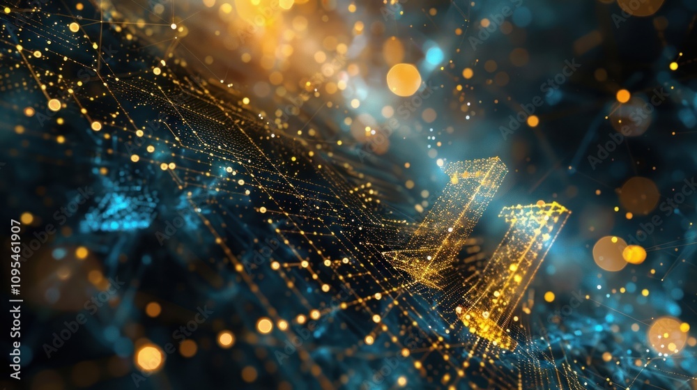 Abstract gold and blue digital network with glowing particles. Abstract gold and blue digital network with glowing particles.