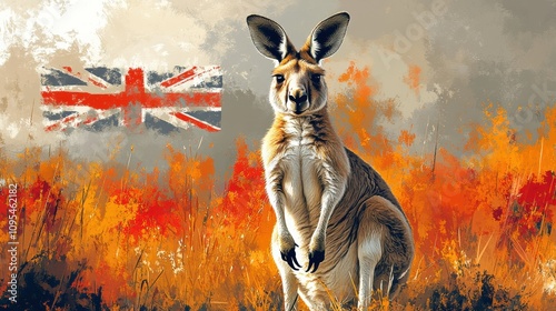 Kangaroo standing in field with Union Jack flag in background, Australian wildlife art, patriotic theme, vivid illustration, colorful painting, vibrant nature design photo