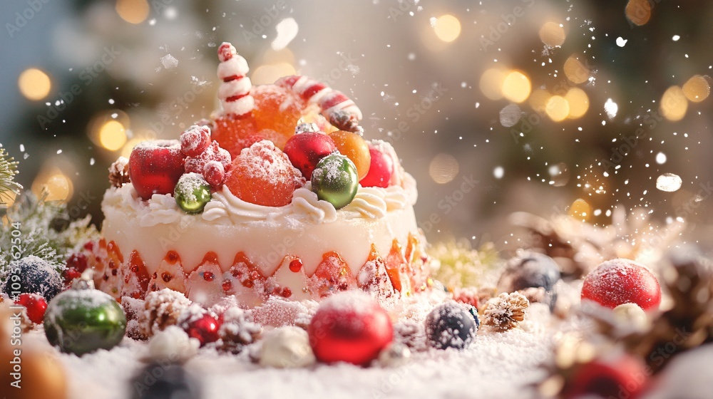 Delicious christmas cake decorated with fruits and candy canes falling snow Delicious christmas cake decorated with fruits and candy canes falling snow