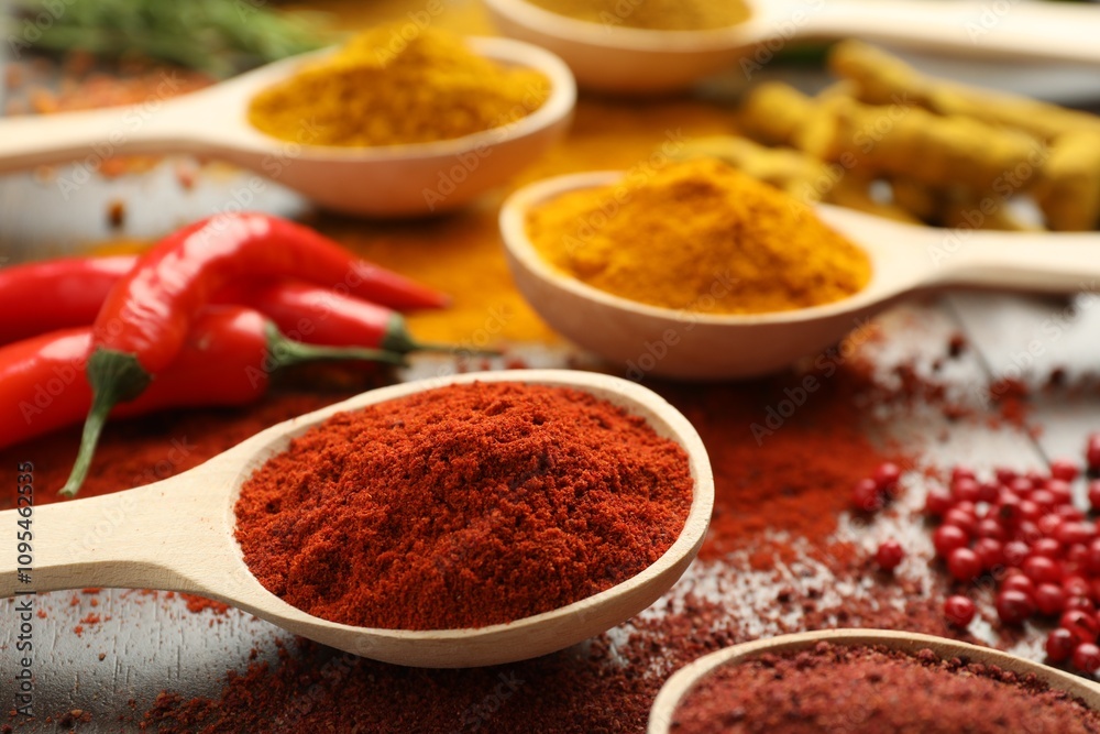 Different aromatic spices in spoons on table, closeup Different aromatic spices in spoons on table, closeup