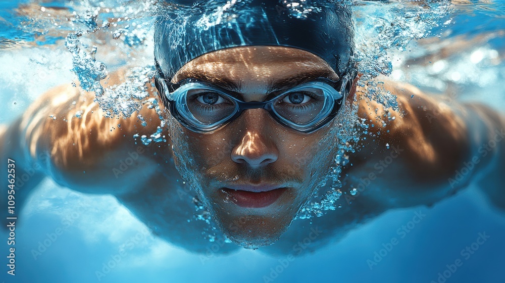 Naklejka premium Focused swimmer underwater wearing goggles, professional athletic training, swimming action shot, competitive sport, fitness and strength, clear blue water motion photography