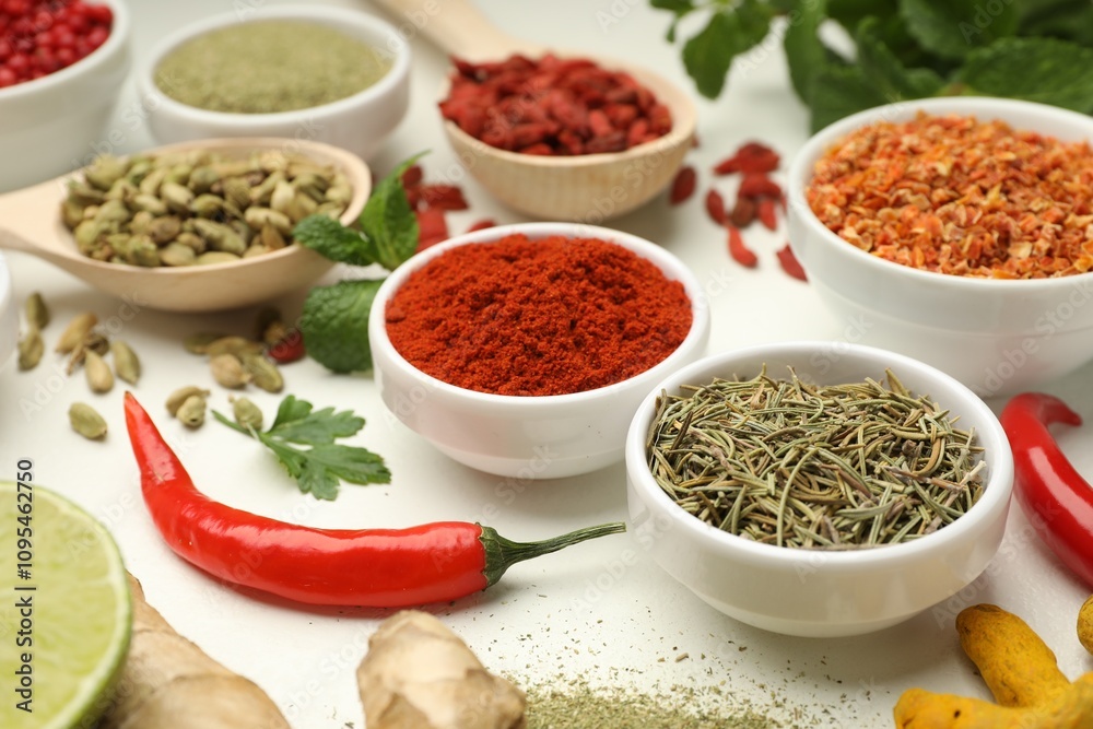 Different aromatic spices and herbs on white background, closeup Different aromatic spices and herbs on white background, closeup