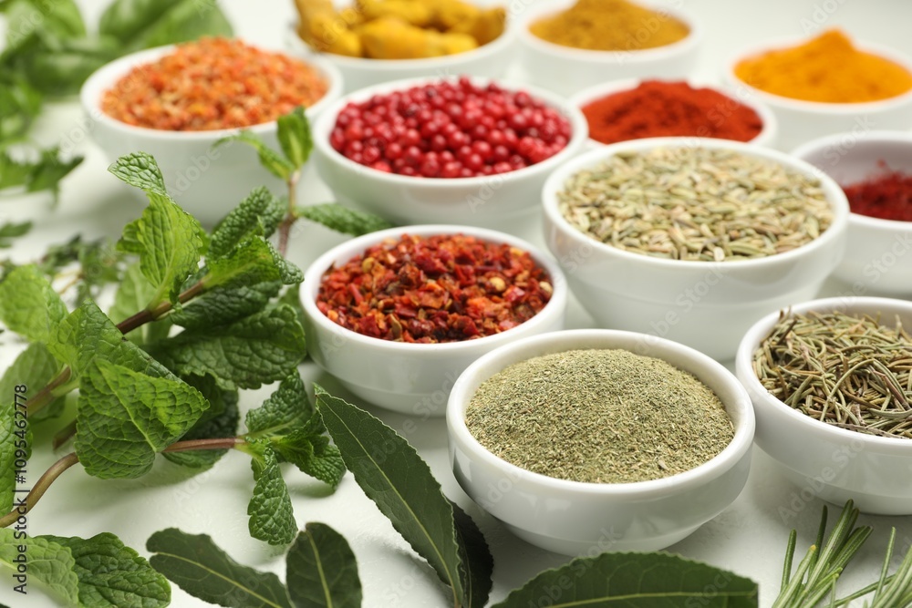 Different aromatic spices and herbs on white background, closeup Different aromatic spices and herbs on white background, closeup