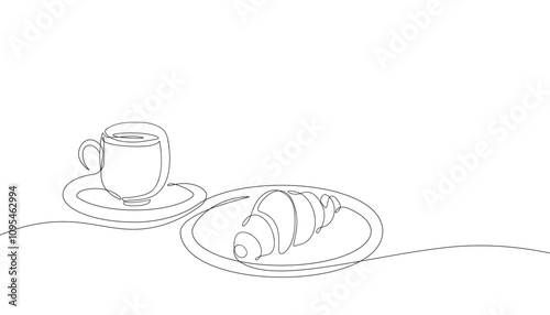 Croissant and coffee drawn in one line style. Doodle outline sketch of french pastry and cup of cappuccino, minimalistic breakfast concept. Vector set