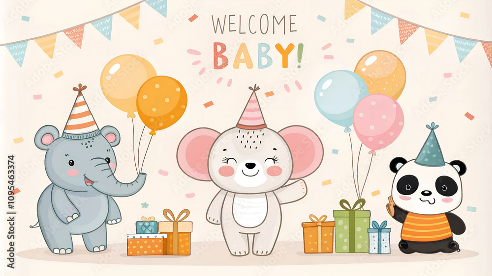 Naklejka premium Cute baby shower party celebration with adorable animal characters and balloons