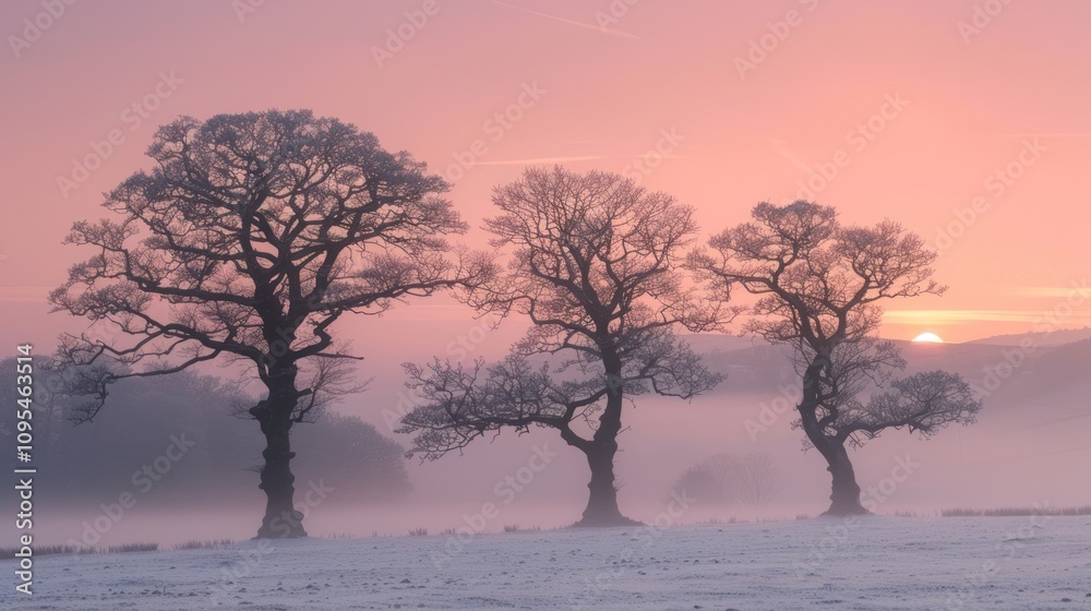Serene winter landscape with silhouetted trees against a colorful sunrise. Serene winter landscape with silhouetted trees against a colorful sunrise.