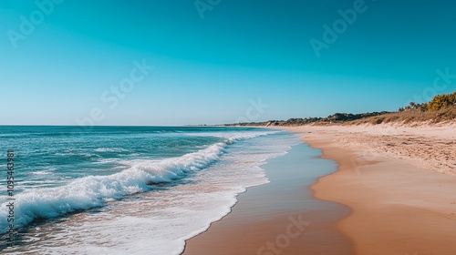 Beautiful Shoreline With Gentle Waves Washing Onto Golden Sand Under a Clear Blue Sky During Daylight Hours