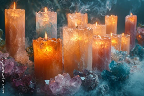 Crystals and candles arranged in a ritual setup. Generative AI photo