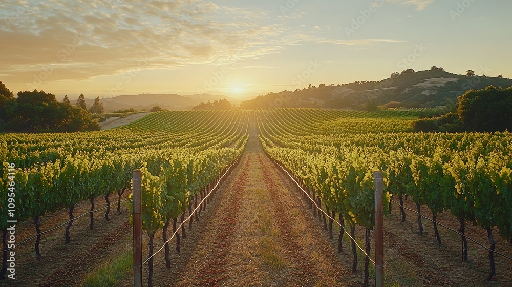 Naklejka premium Beautiful Sunset Over a Vineyard in the Countryside With Rows of Green Grapevines Stretching Towards the Horizon