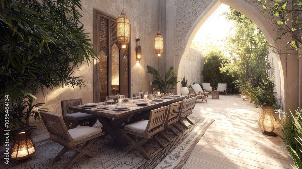 Modern-Arabian Islamic Interior Design 3D Render of Chic Outdoor Dining Area with Elegant Table and Ambient Lighting Modern-Arabian Islamic Interior Design 3D Render of Chic Outdoor Dining Area with Elegant Table and Ambient Lighting