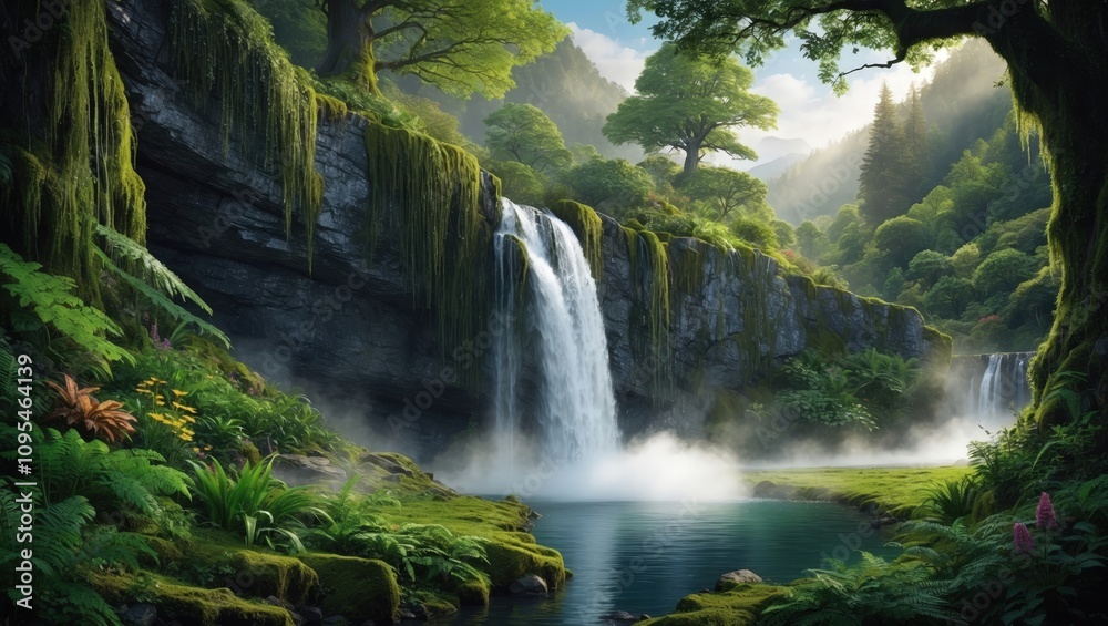 Fototapeta premium Lush Waterfall in Tropical Forest