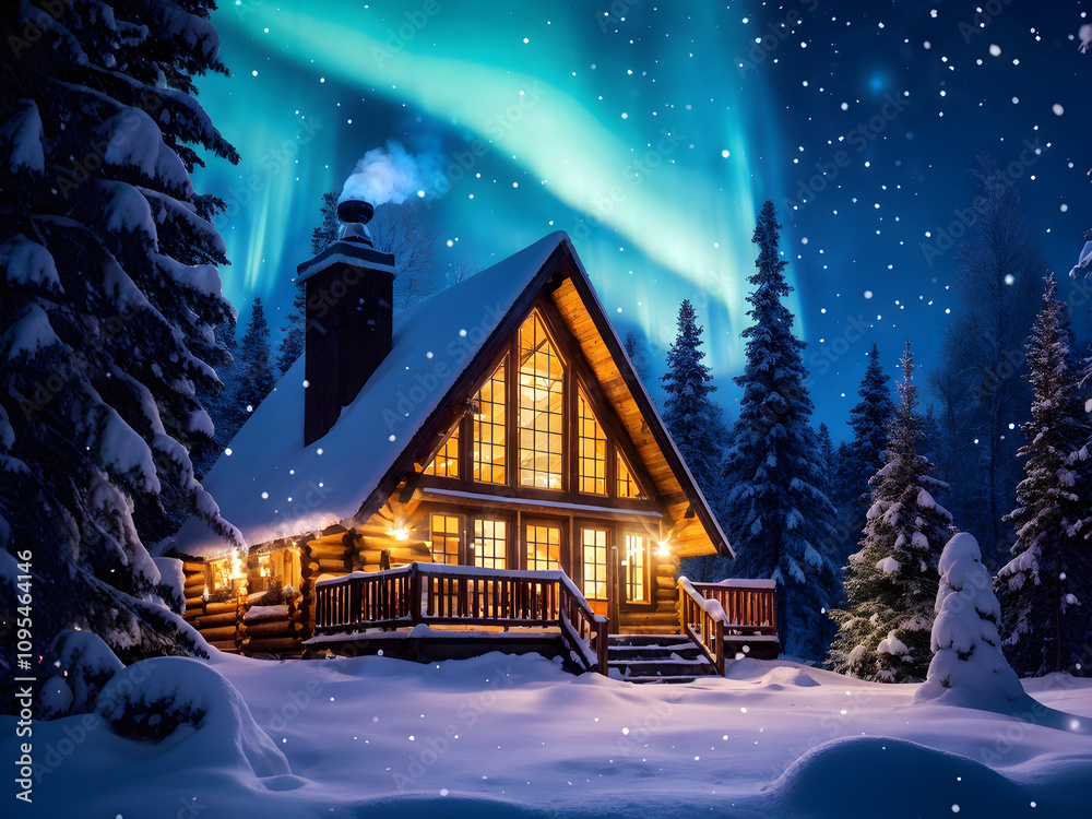Fototapeta premium A cozy wooden cabin nestled in a snowy forest.