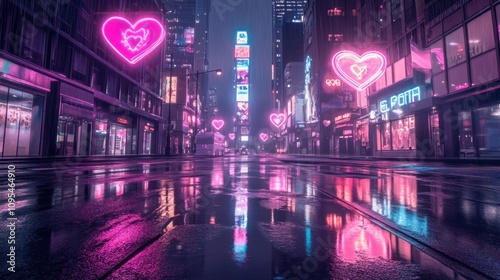 A futuristic cityscape at night with skyscrapers adorned by glowing pink neon heart signs. Wet streets reflect the vibrant lights, creating a dreamy atmosphere with soft pink fog and shimmering puddle