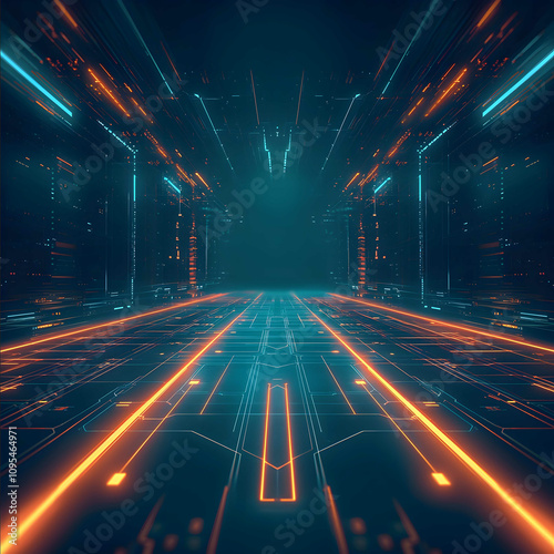 PPT clean background image futuristic abstract gaming in a style of fun vibrant energetic colors cyan and orange There should be large empty space and blank area