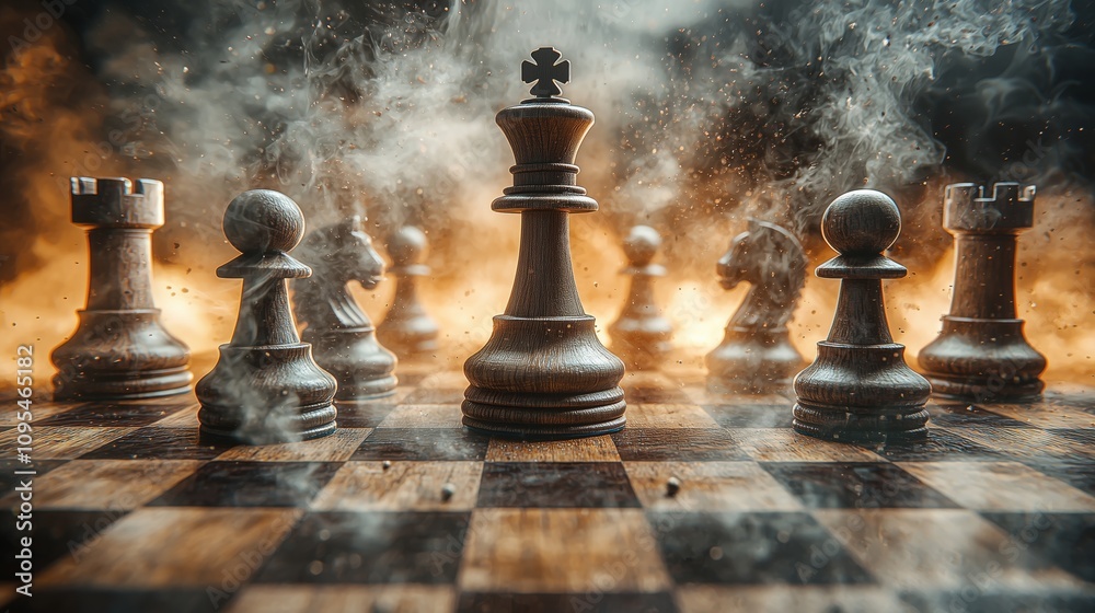 King piece standing on chessboard with smoke and fire in the background King piece standing on chessboard with smoke and fire in the background