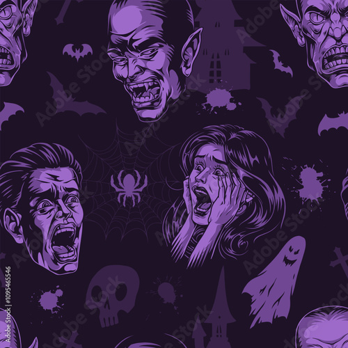 Halloween pattern with ghosts vampires