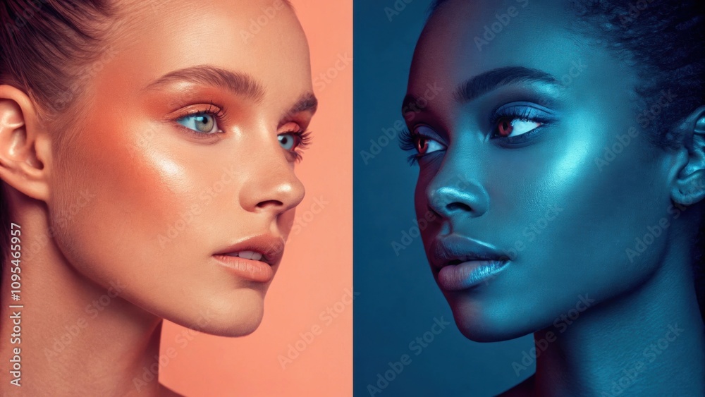 In this splitscreen portrait one side is doused in a neon peach creating a soft warmth while the contrasting side is tinted in a deep ocean blue. The blend of colors brings an In this splitscreen portrait one side is doused in a neon peach creating a soft warmth while the contrasting side is tinted in a deep ocean blue. The blend of colors brings an