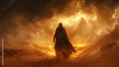 Mysterious Figure Walking Through a Surreal Landscape With Dramatic Orange and Gold Skies at Dusk